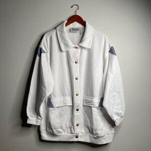 90's Vintage white with navy accents full button up collard sweater size XL
